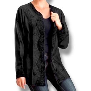 Black Long Sleeve Embroidery Velvet Accented Open Front Blazer by HOLY